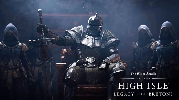 Image shows the Elder Scrolls online logo over an image of clocked figures standing behind a knight. Text reads "High Isle Legacy of the Bretons"
