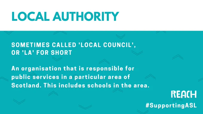 An image with a white and turqoise background that contains the following text: 'Local Authority'. 'Sometimes called 'local council' or 'LA' for short.' 'An organisation that is responsible for public services in a particular area of Scotland. This includes schools in the area.' #SupportingASL