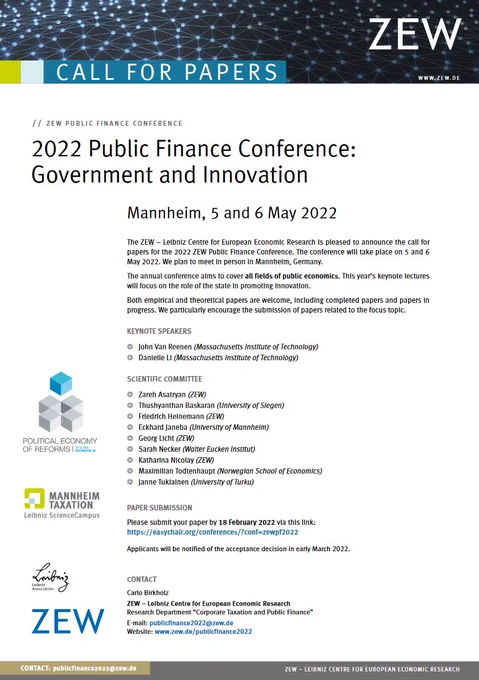 Image of the PDF version of the Call for Papers, all information also available at https://www.zew.de/publicfinance2022/?twt=1