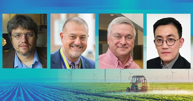 Paul Dauenhauer and Dionisios Vlachos, co-directors of the University of Delaware's Catalysis Center for Energy Innovation, UD doctoral student Gerhard Wittreich and former UD postdoc Shizhong Liu.