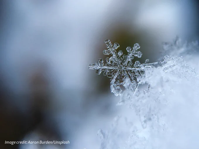 Closeup photograph of a single snowflake crystal. Image credit: Aaron Burden/Unsplash  