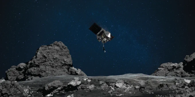 The spacecraft, silver with a cone front and two wings, hovers above a grey, rocky surface with a blue background scattered with faint stars.