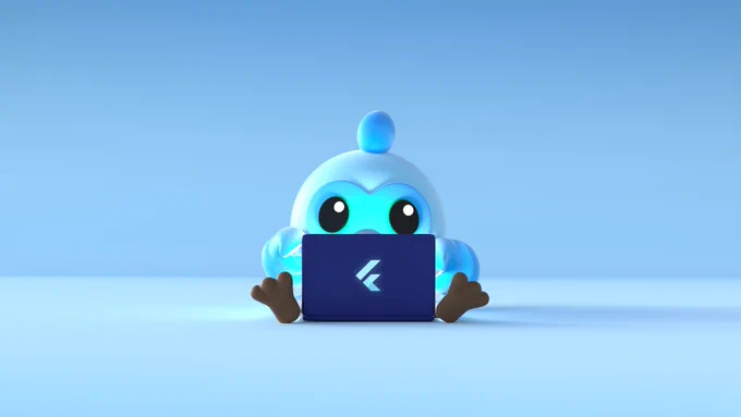 Dash, the Flutter mascot, is sitting behind a laptop with a Flutter logo. We can't see it, but the laptop is running Windows...