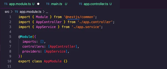 scaffolded projects using the NestJS backend framework to create Node.js applications, showing dependency injection and large abstractions