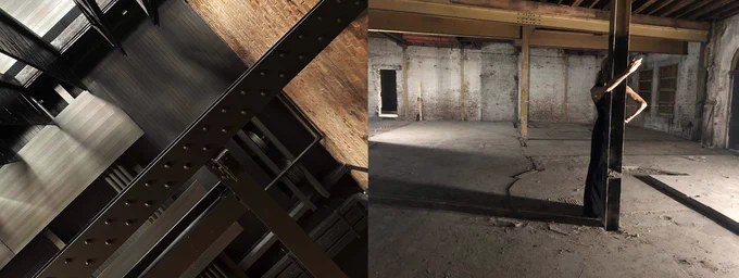 Two images together, on the left there is a photo of steel girders and a brick wall, to the right there is a dust warehouse space, a dancer wraps her arms round a steel girder
