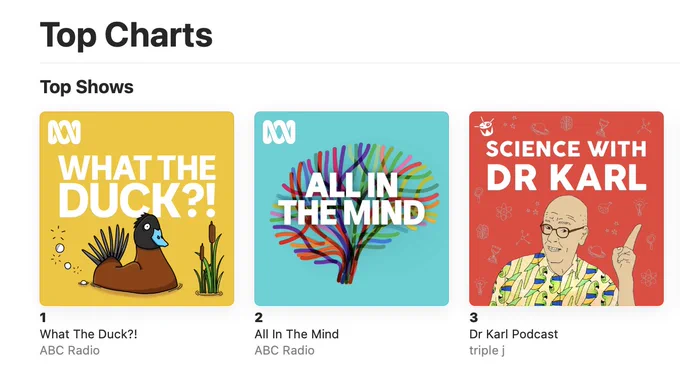 A screenshot taken from apple podcast app shows What the Duck in 1st place on the Science Charts. 