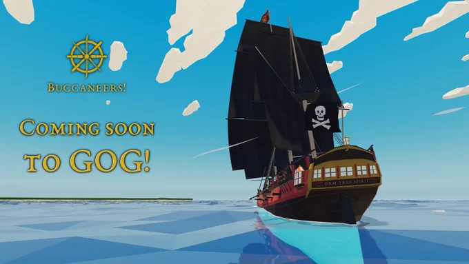 A pirate ship named "DRM-Free Spirit" sailing on a sunny day.