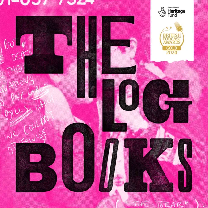 Text - THE LOG BOOKS - in black block capital text on a pink background