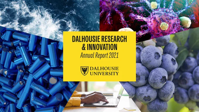 Description: The main focus of this grahic is a yellow square that reads in black " Dalhousie research & innovation annual report 2021". surrounding the words are  5 different pictures representing the different types of research. The photos include " a laptop, blueberries,  the ocean, and a cell.