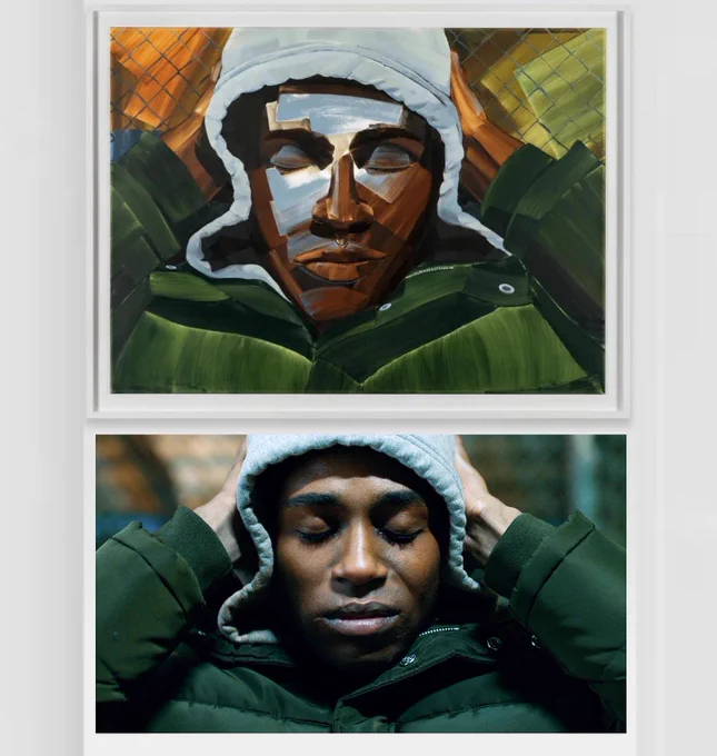 A painting of a close up a of young Black man wearing a gray hoodie and green jacket, closing his eyes and covering his ears. Directly below is the film still that inspired it.​