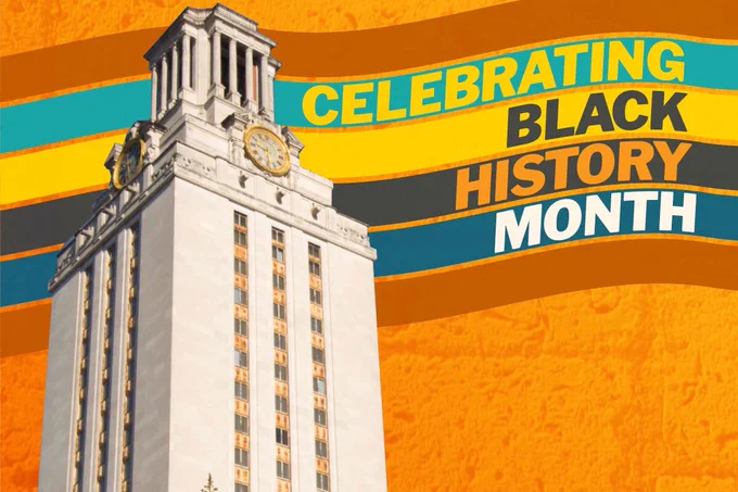 The UT Tower in the foreground with an illustrated background with rows of color and text that says “Celebrating Black History.”