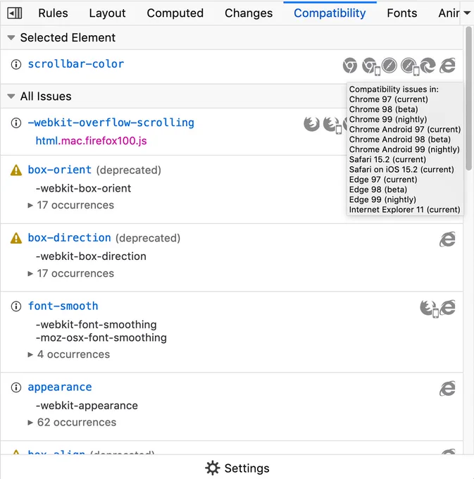 The new Firefox DevTools Compatibility panel in the inspector. A "selected element" group has a "scrollbar-color" item. On the right, Chrome, Safari, Edge and Internet Explorer icons are displayed. A tooltip is displayed with the following message: "Compatibility issues in: Chrome 97 (current)\nChrome 98 (beta)\nChrome 99 (nightly)\nChrome Android 97 (current)" and so on, with all the browsers not supporting scrollbar-color