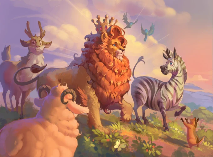 A number of animals pay homage to a lion wearing a crown in art from Storybook Brawl.