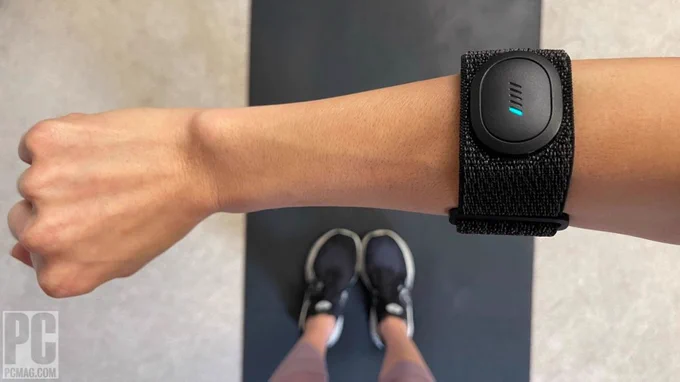 Picture of the brand-new Peloton Heart Rate Band in use. 