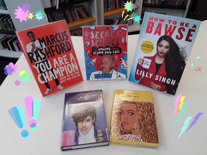 5 books on display. Marcus Rashford, Dara O'Briain, Lilly Singh, Prince and Beyonce.