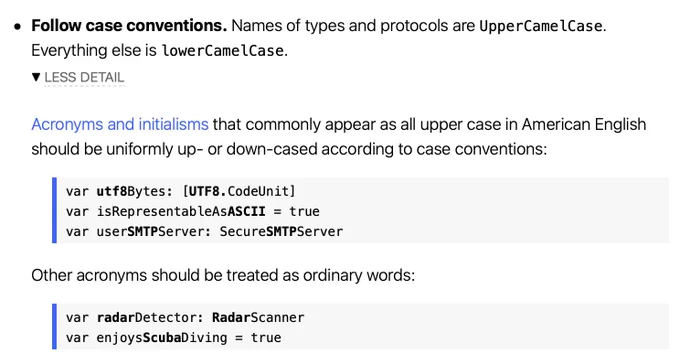 A screenshot of the Swift API Guidelines document, showing uppercased acronyms and initialisms being used in Swift code.