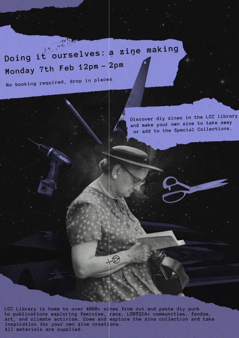 Poster for zine making workshop. In the foreground, a photograph of an older woman, from the 1950s, with DIY tattoos. In the background, an image of space, with DIY tools floating around.