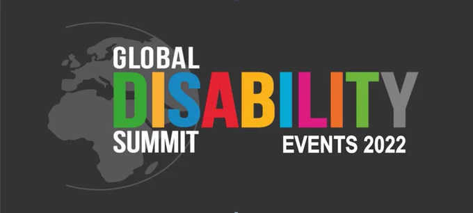 A dark grey text graphic with the global disability summit logo in bright colours. the text underneath says events 2022.
