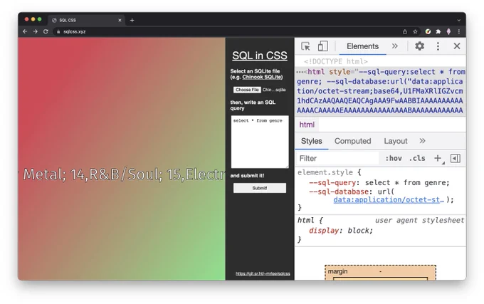 screenshot of the demo site with query results displayed and the devtools showing the query stashed into custom properties