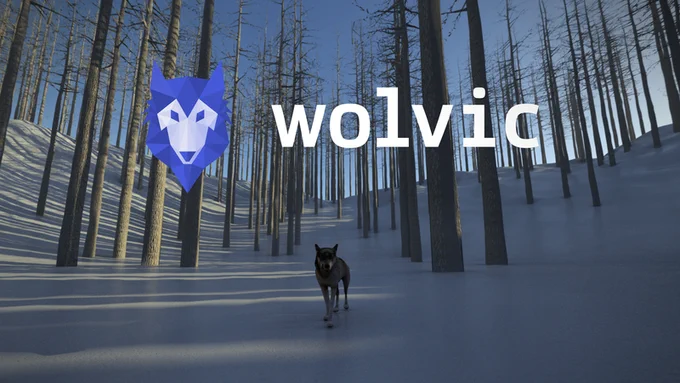 A photo of the virtual environment inside of wolvic, a bright winters day in a 3d nordic forest with the word wolvic floating in the air above a 3d wolf