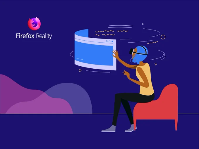 Woman with blue hair sitting on orange chair wearing virtual reality headset reaching out to touch browser window in the air