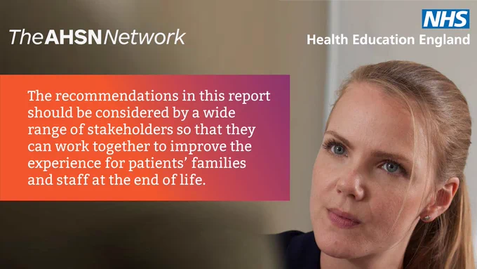 Image of a healthcare professional talking to someone. Text reads: The recommendations in this report should be considered by a wide range of stakeholders so that they can work together to improve the experience for patients’ families and staff at the end of life.