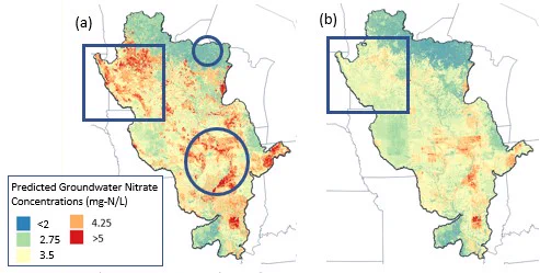 These two maps show the results of the Random Forest model. Map (a) shows predictions of nitrate in groundwater that is closer to the surface, while map (b) shows predictions of nitrate in deeper groundwater. The two circles show locations that are the same depth, but have very different landcover, and the model predicts very different nitrate concentrations. The two squares show how the same location can have very different nitrate concentrations, depending on how far down you go. 