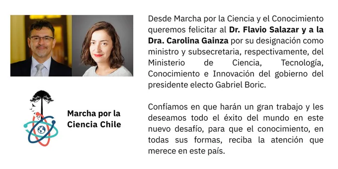 Desde Marcha por la Ciencia y el Conocimiento queremos felicitar al Dr. Flavio Salazar y a la Dra. Carolina Gainza por su designación como ministro y subsecretaria, respectivamente, del Ministerio de Ciencia, Tecnología, Conocimiento e Innovación del gobierno del presidente electo Gabriel Boric.

Confíamos en que harán un gran trabajo y les deseamos todo el éxito del mundo en este nuevo desafío, para que el conocimiento, en todas sus formas, reciba la atención que merece en este país.
