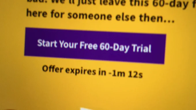 Close up of a popup ad noting an offer expiring in minus 1 minute and 12 seconds.