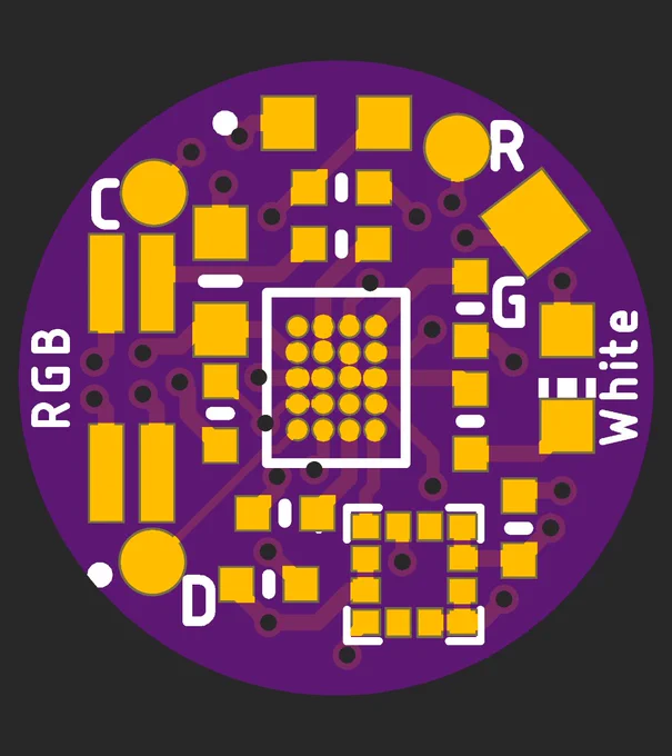 Rendering: a small circuit board with a spot for a microcontroller and an accelerometer, and labels for an RGB and a white LED.