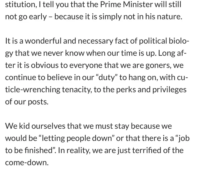 I am too lazy to type up the full text, but the gist is “we never know when our time is up” and “we are just terrified of the come-down”