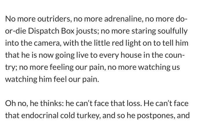 The gist: “no more outriders, no more adrenaline… oh no, he thinks, he can’t face that loss”