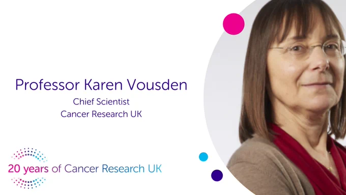 Professor Karen Vousden with 20 years of Cancer Research UK logo