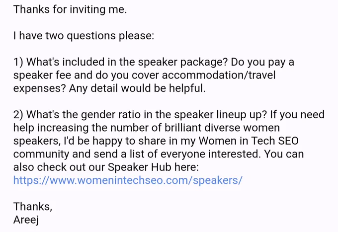 Email reply to event organiser inviting me to speak in conference