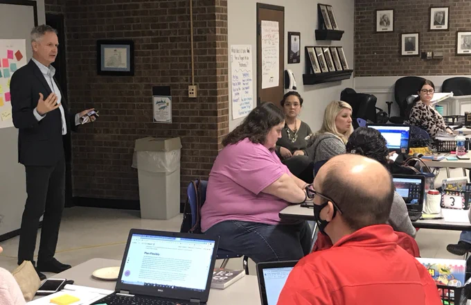 Ben Owens speaks with RCSS high school teachers and media specialists.