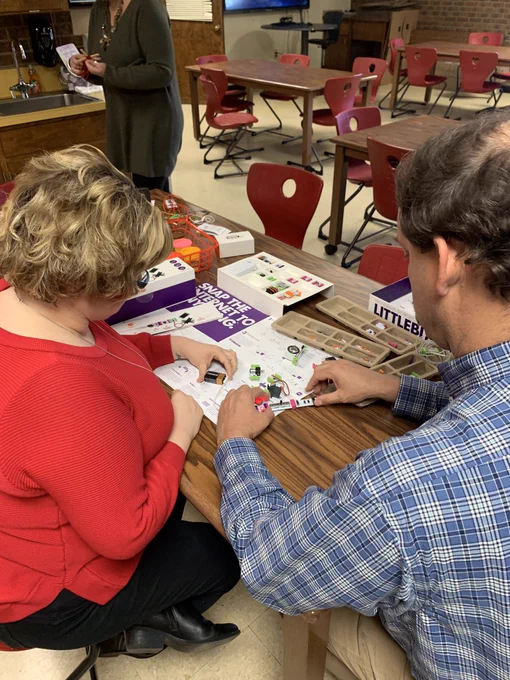 Two teachers explore using Little Bits STEM kits.