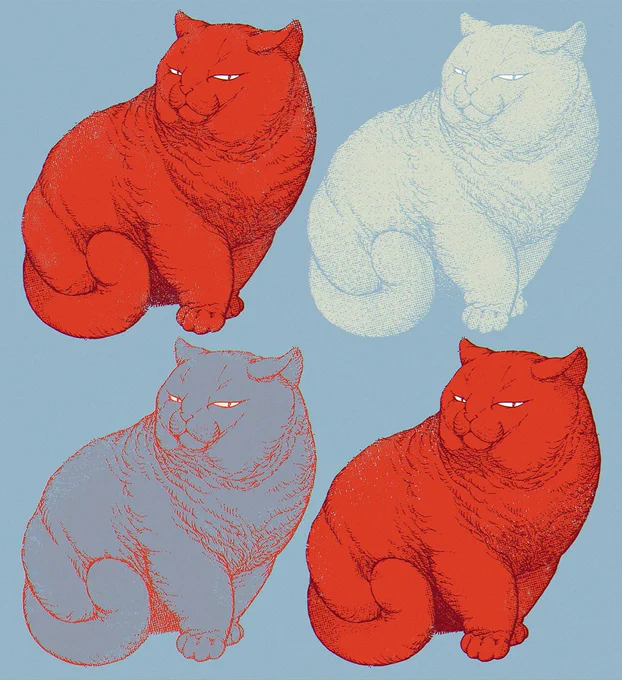 A digital illustration of four smug, rotund cats in a repeating pop art style. The image uses a limited palette of orange and blue with a subtle retro half-tone texture to imitate old fashioned screen printing.