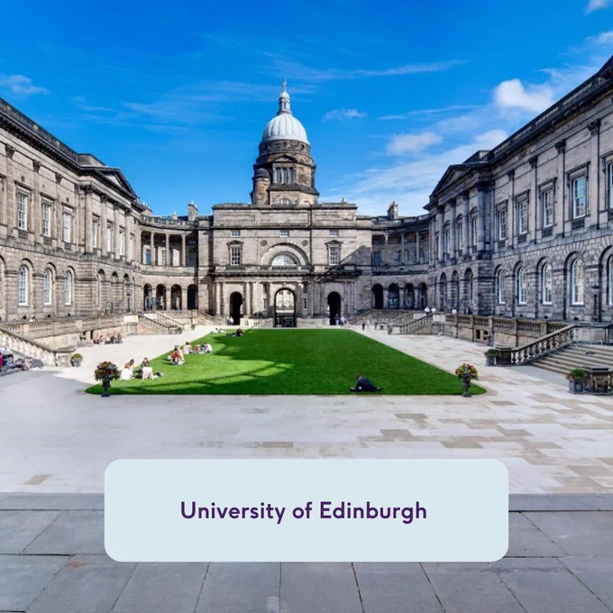 Image shows Old College square at the University of Edinburgh. There is a grass square in the middle of old buildings. There is a blue rectangle with purple text which says University of Edinburgh.