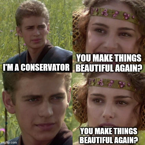 four-panel screen grab meme of Anakin Skywalker and Padmé Amidala from Star Wars: Attack of the Clones. 
Panel 1: Anakin says "I'm a conservator."
Panel 2: Padme smiles and says, "You make things beautiful again? 
Panel 3: Anakin looks annoyed. 
Panel 4: Padme repeats the question.