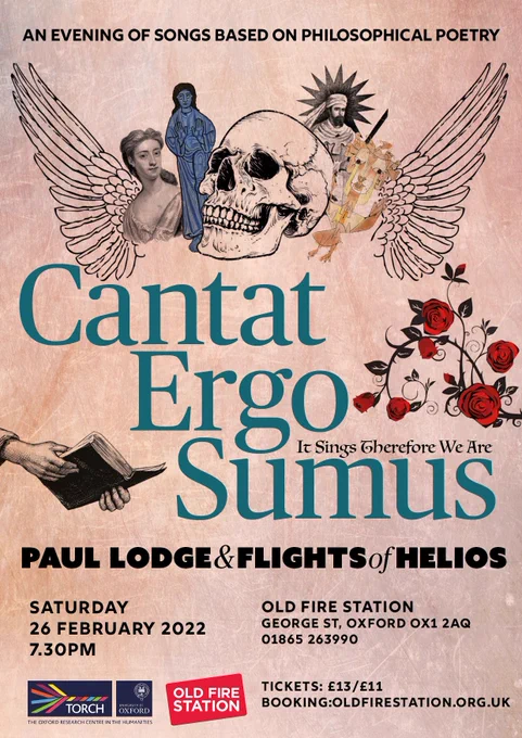 Poster for Cantat Ergo Sumus, showing roses, wings, a skull and some statutes