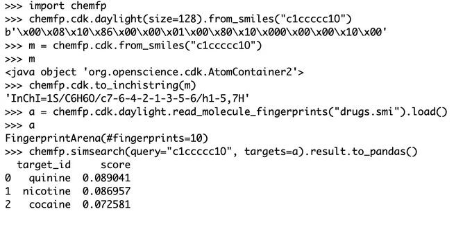 An example of using chemfp 4.0's new API for working with cheminformatics toolkits. It shows creating a 128-bit "Daylight" fingerprint for phenol, reading a small SMILES file to create an arena of CDK-Daylight fingerprints, and searching for the 3 nearest fingerprints for a query; displaying the results in Pandas. 