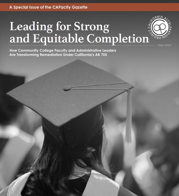 Cover of the report "Leading for Strong and Equitable Completion" with image of students in graduation cap and gown