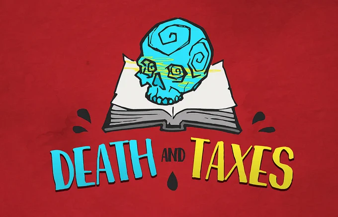 Logo for Death and Taxes : skull on a book with the game title written below them.