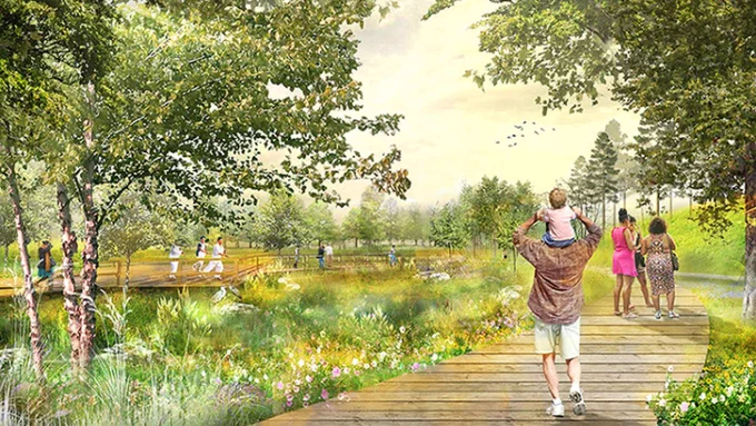 A rendering of a wetland-type park with people walking on a boardwalk 