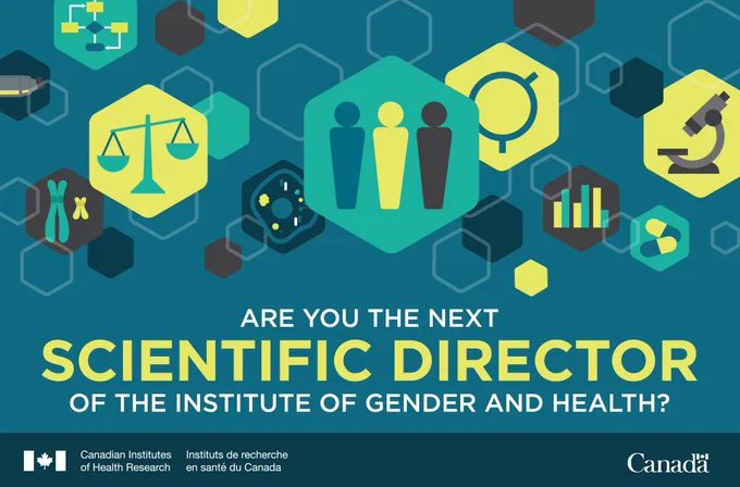 Banner with icons related to sex, gender, and health research. Text reads “Are you the next Scientific Director of the Institute of Gender and Health?” Logos for CIHR and Government of Canada at the bottom.