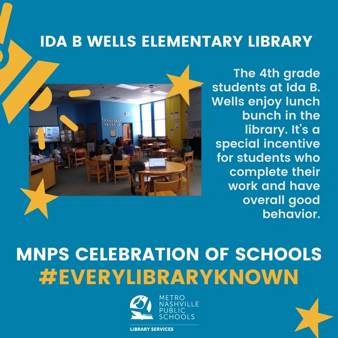 Image of students sitting at tables in the library at Ida B Wells Elementary.