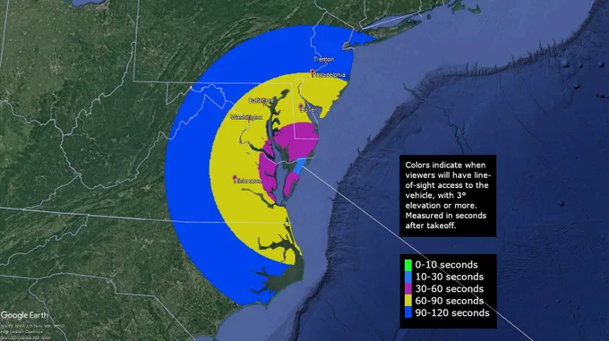 Visibility map showing how many seconds after launch the antares vehicle will be visible in the sky in the mid-atlantic region.