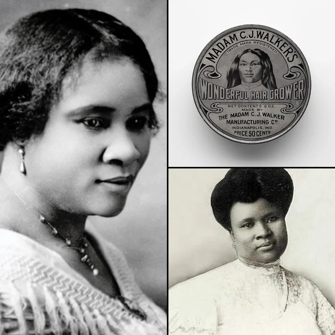 A photo of Madame CJ Walker and her hair product. 