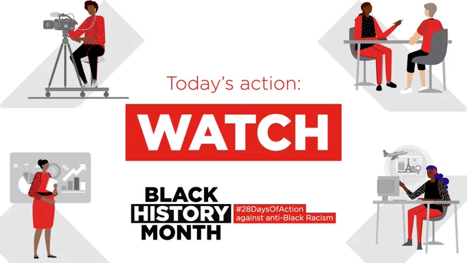 Spot illustrations of: camera person, business person, counsellor and telecommunications.  Words: Today's action Watch Black History Month, #28DaysOfAction against anti-black racism