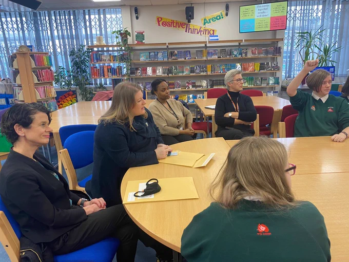 APCC Chief Exec Susanna Hancock and PCC Donna Jones with Cyber Ambassador coordinator Marcia listening to the Cyber Ambassadors at Wildern School.